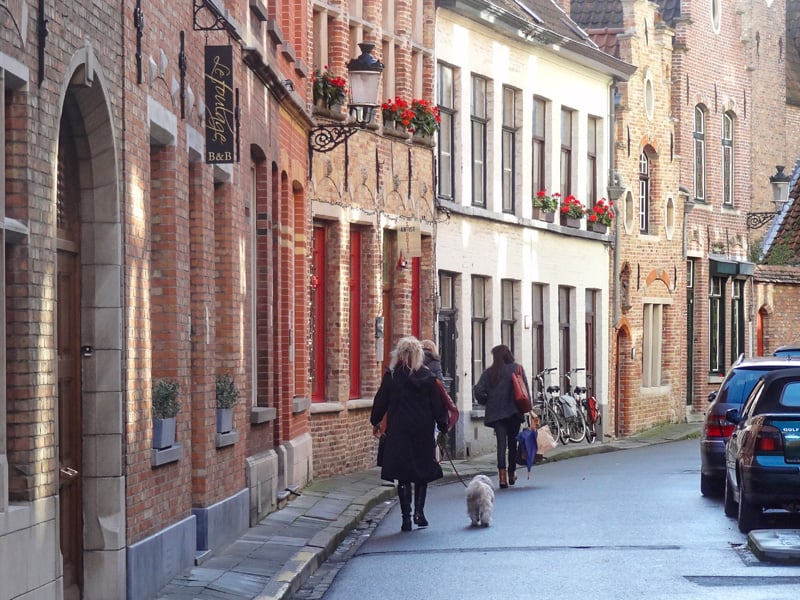 people walking past old brick buildings in Bruges