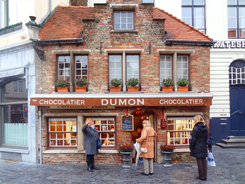 the outside of a chocolate in Bruges shop