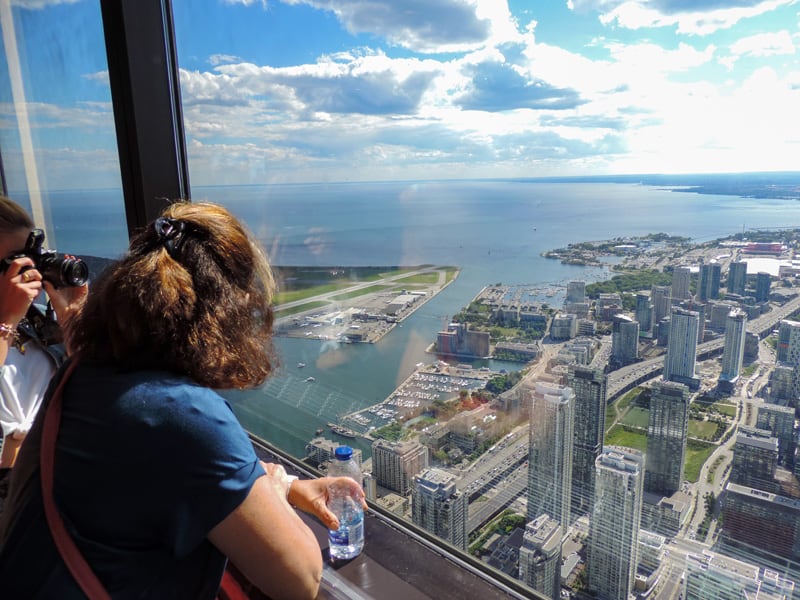 a woman looking at a city from a tall observation tower 