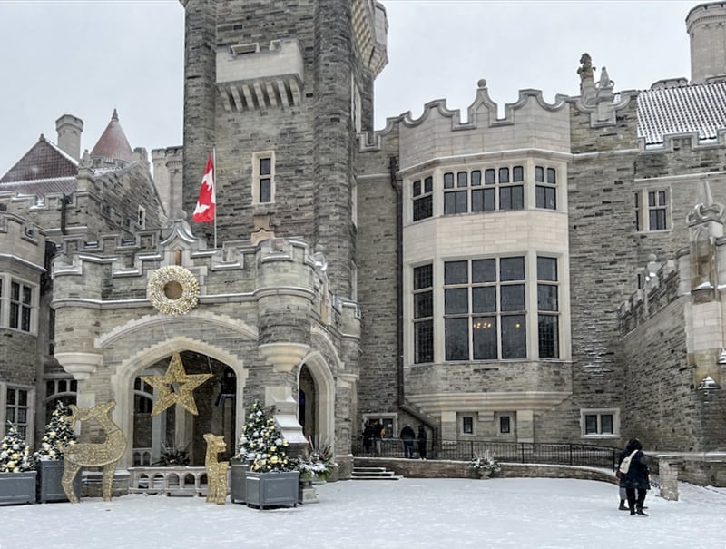 people standing in snow outside a castle seen in Toronto in the winter
