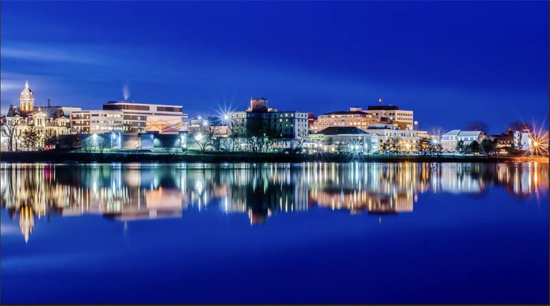 a river in downtown Fredericton New Brunswick at night