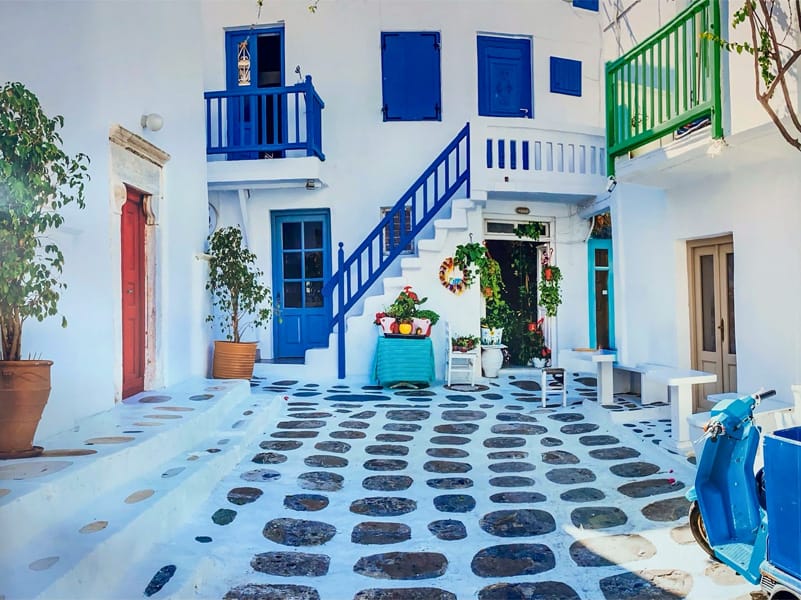 a restaurant in Fredericton New Brunswick brightly painted like a Greek village 