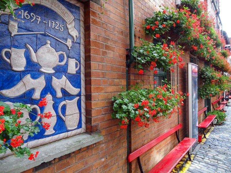 Beautiful flowers on a brick building