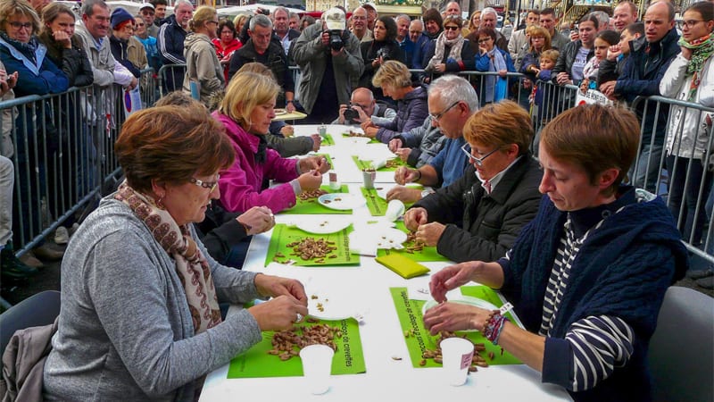 people peeling shrimp on green place-mats at one of the food festivals in Europe 2023