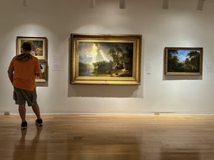 A man looking at paintings in a museum - one of the things to do in San Antonio