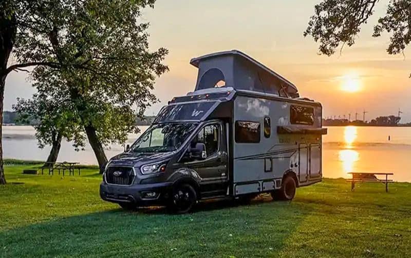 Winnebago-camper-van-lake-sunset