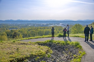 people in a park viewing mountains