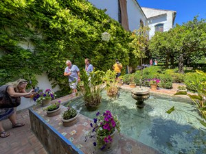 people walking by a pool in an ornate garden