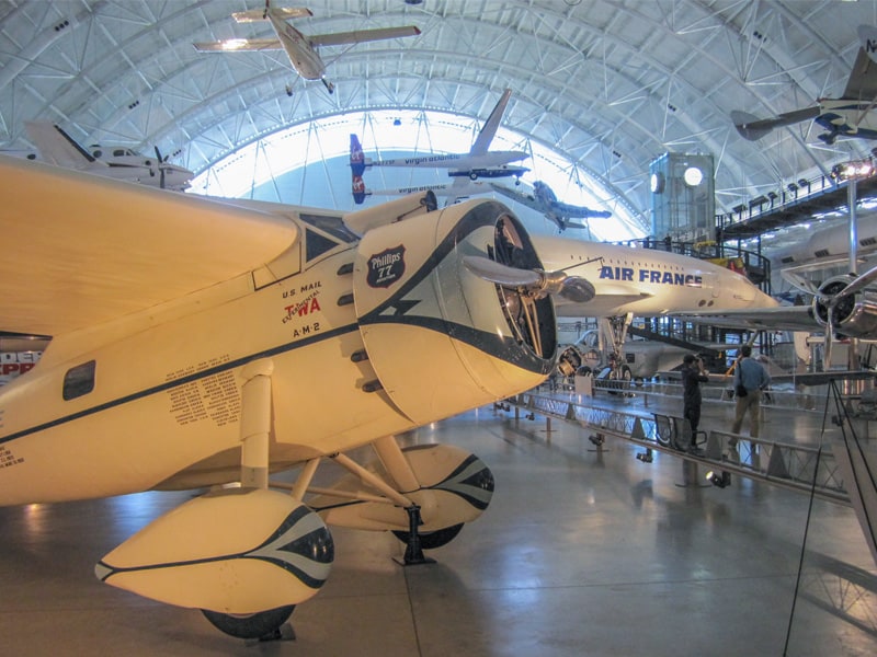A large group of planes including the Air France Concorde on display at the Air Space Museum Dulles