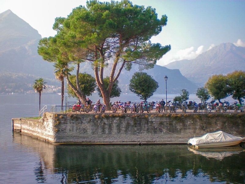 people sitting under a tree on a lake surrounded by mountains