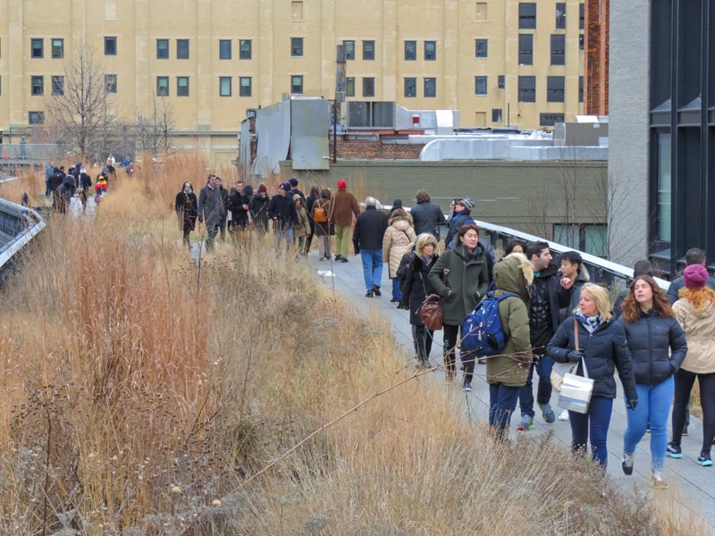 people walking along a landscaped elevated walkway in New York in winter