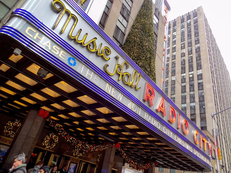 The marque for Radio City Music Hall in New York in winter