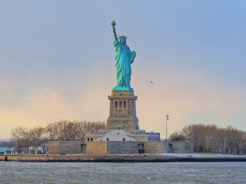 The Statue of Liberty at dusk in New York in winter