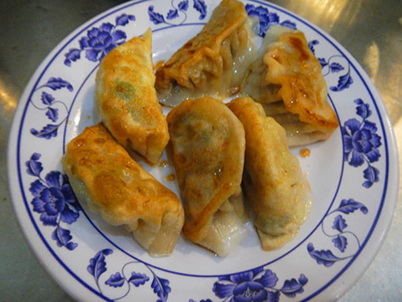 dumplings on a colorful plate in a restaurant in Chinatown in New York City