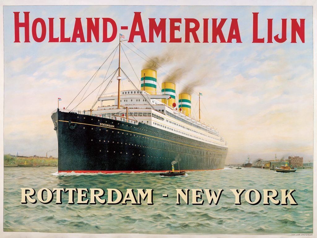 a vintage Holland-America poster showing an old steam ship