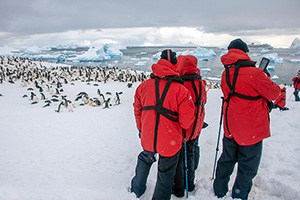 people in red jackets looking at a group of penguins on an expedition in antarctica