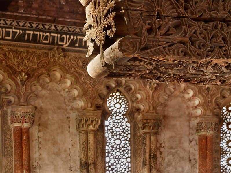 a prayer hall with prayer hall is also a fusion of Hebrew, Gothic, and Islamic motifs in a synagogue
