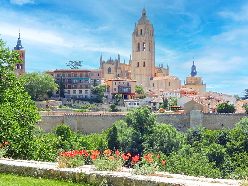 a Gothic cathedral dominating the skyline in Segovia