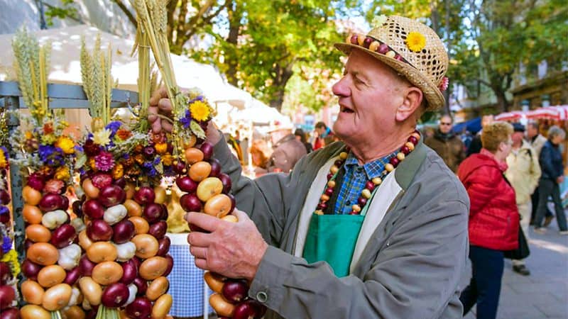 a man looking at bunches of mnions at one of the food festivals in Europe in 2023