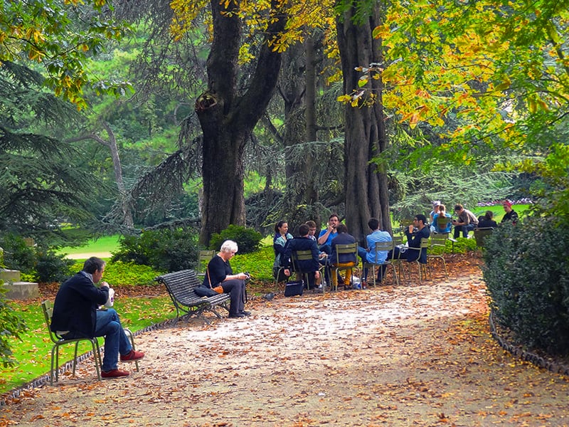 people sitting on chairs on a path in a beautiful park in autumn