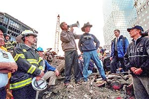 a photo of President Bush with a bullhorn on 911 in New York City