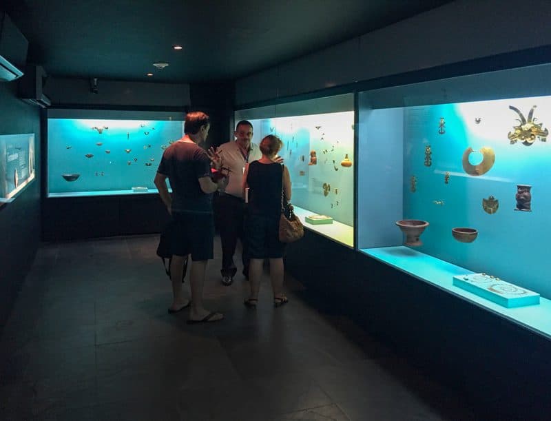 people on a tour in a museum with blue-colored display cases