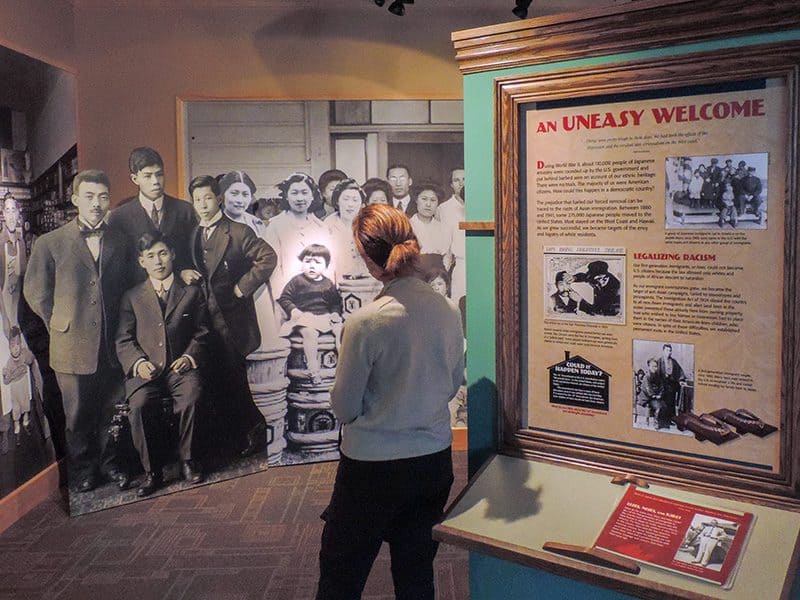 a woman looking at an exhibit of Japanese Americans