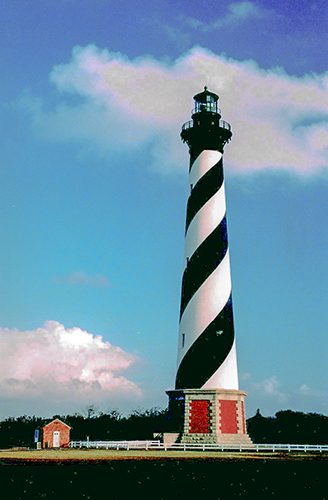 one of the black-and-white striped US lighthouses