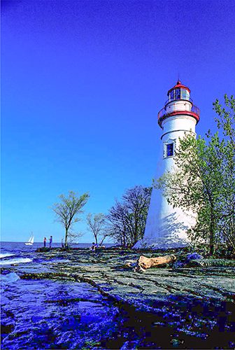 people standing near a white lighthouse on a shoreline