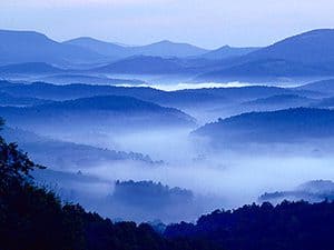 mountain valleys filled with haze in the Great Smoky Mountain, one of the World Heritage sites in the USA