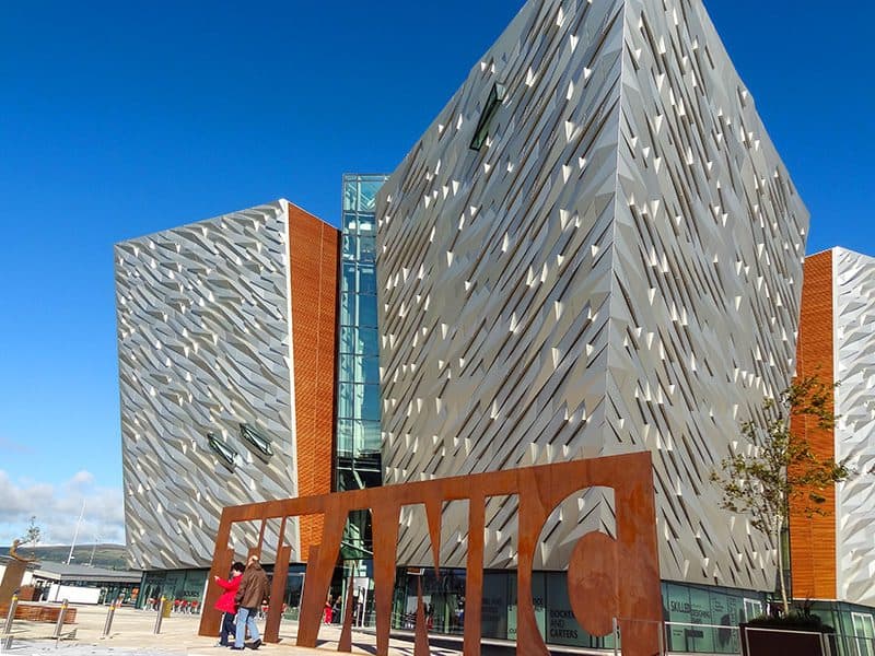 people at the entrance to the Titanic Museum Belfast