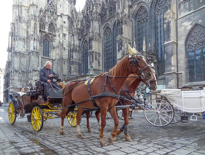 a horse-drawn carriage passing an ancient church