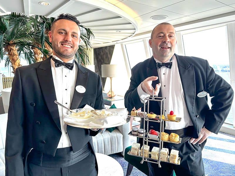 waiters offering Scones and clotted cream offered at Afternoon Tea aboard the Crystal