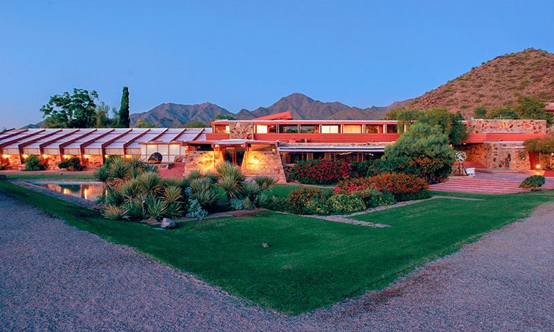Frank Lloyd Wright's Taliesin West at dusk in Scottsdale, Arizona