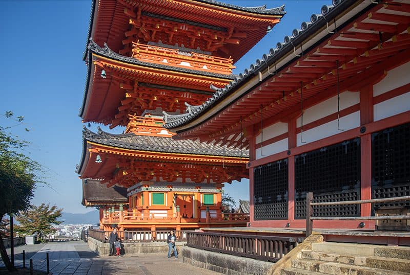 people walking by a large red temple  - one of the things to do in Kyoto