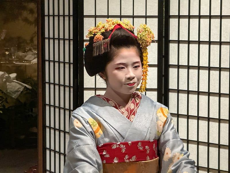 a geisha with yellow flowers in her hair