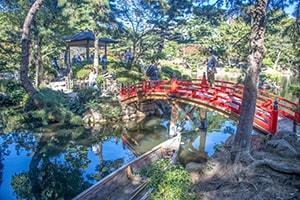 a many crossing a red-painted bridge in a forest, one of the things to do in Japan