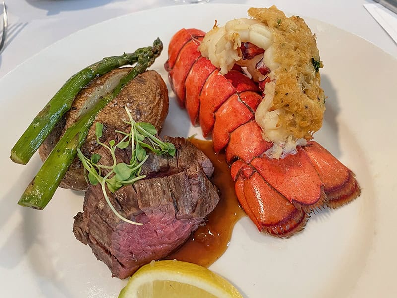 a surf 'n turf meal aboard during American Cruise Lines Lewis and Clark tour