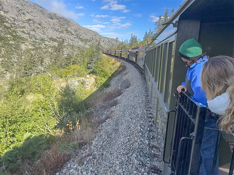 people looking at a train