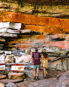 people looking at rock paintings