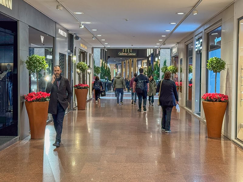 people walking through a modern mall